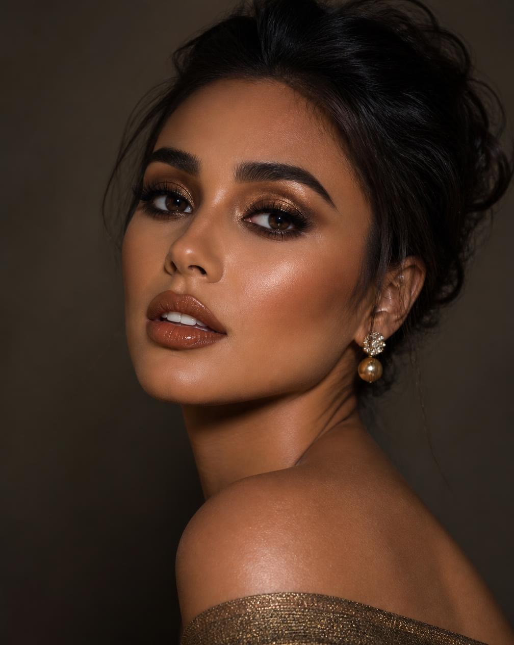 Bronze evening glam makeup with sleek updo