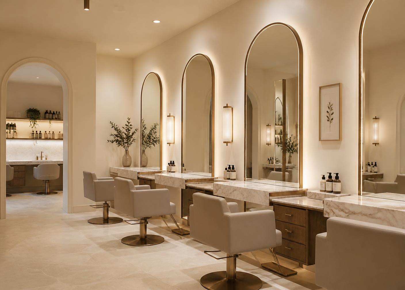 LuxeAura Salon interior with arched mirrors and marble styling stations