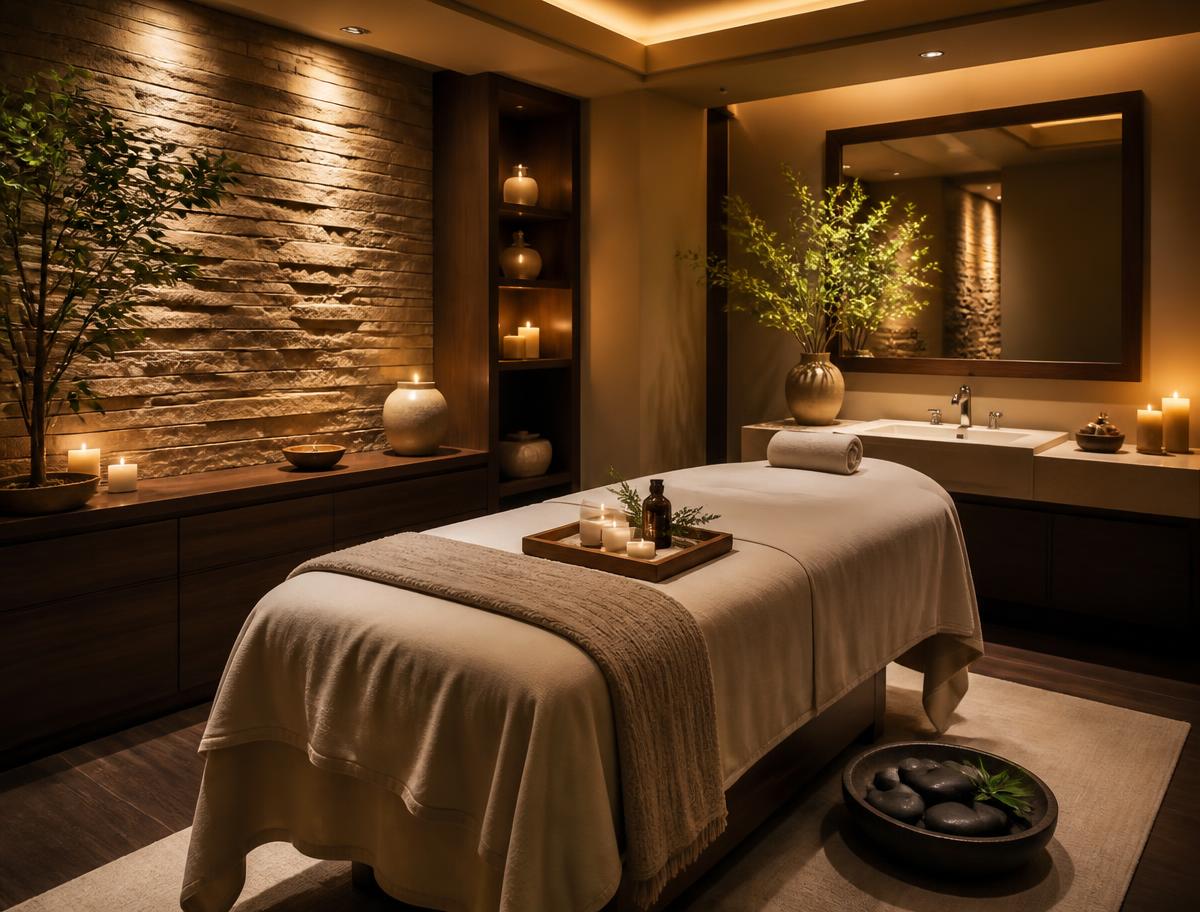 Candlelit spa treatment room